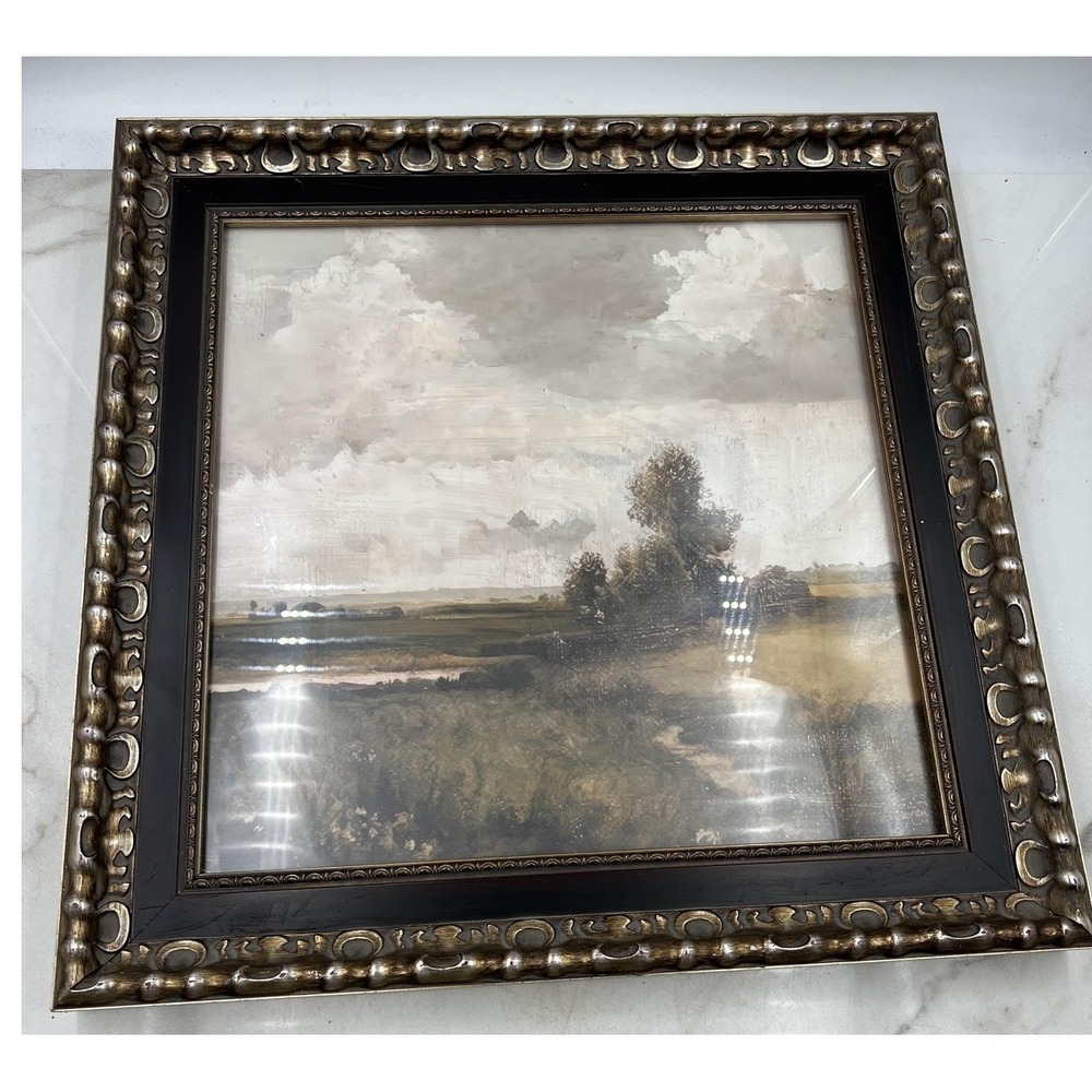 VTG Framed Landscape Art Print Ornate Silver Espresso Frame 21x21